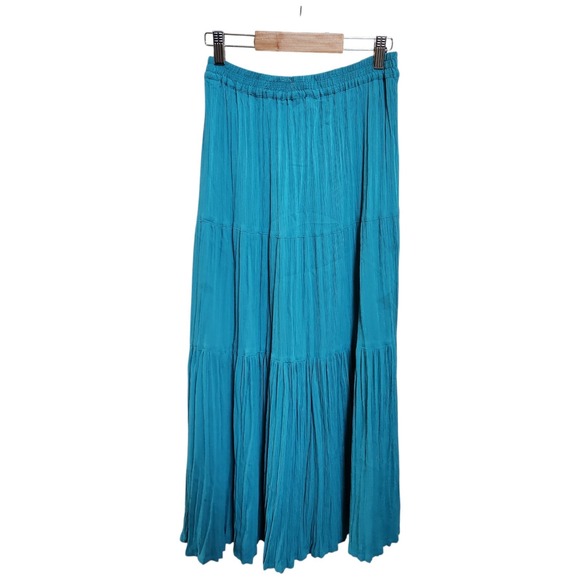Boho Tiered Broomstick Maxi Skirt Women M Ranch Hippie Pin Tuck Pleats Turquoise - Picture 5 of 12